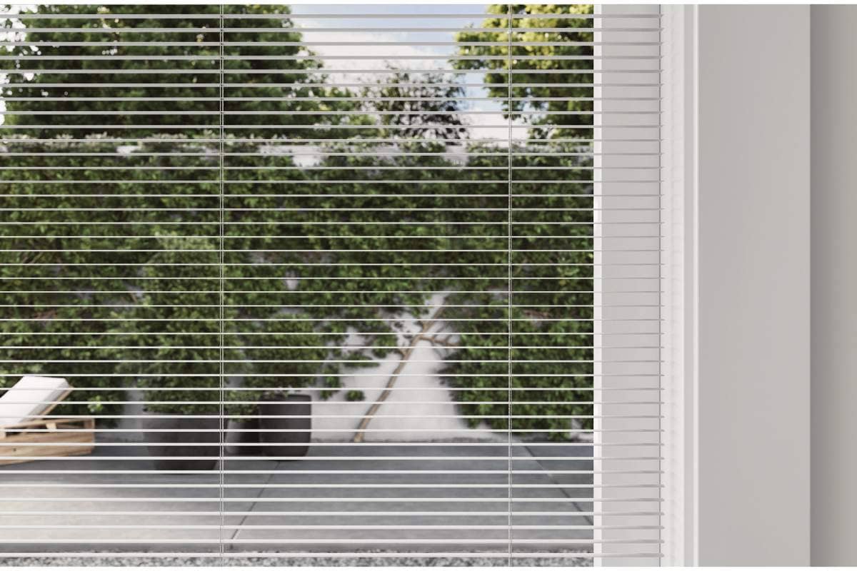 Hunter Douglas Modern Precious Metals® Mini Blinds, aluminum metal blinds on window near Southlake, Texas (TX)