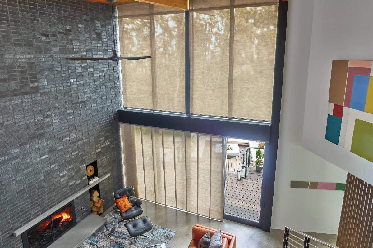 Hunter Douglas vertical blinds covering a sliding glass door in a home near Southlake, TX
